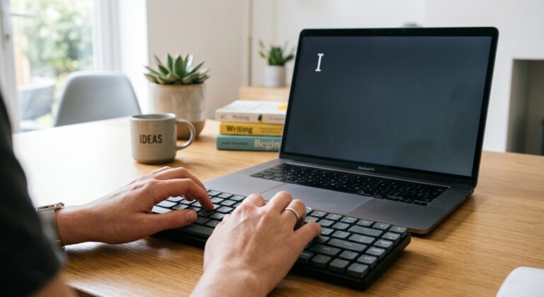 Hands typing on a keyboard, laptop with dark screen and blinking cursor, 'IDEAS' mug, books, and plant on a wooden desk