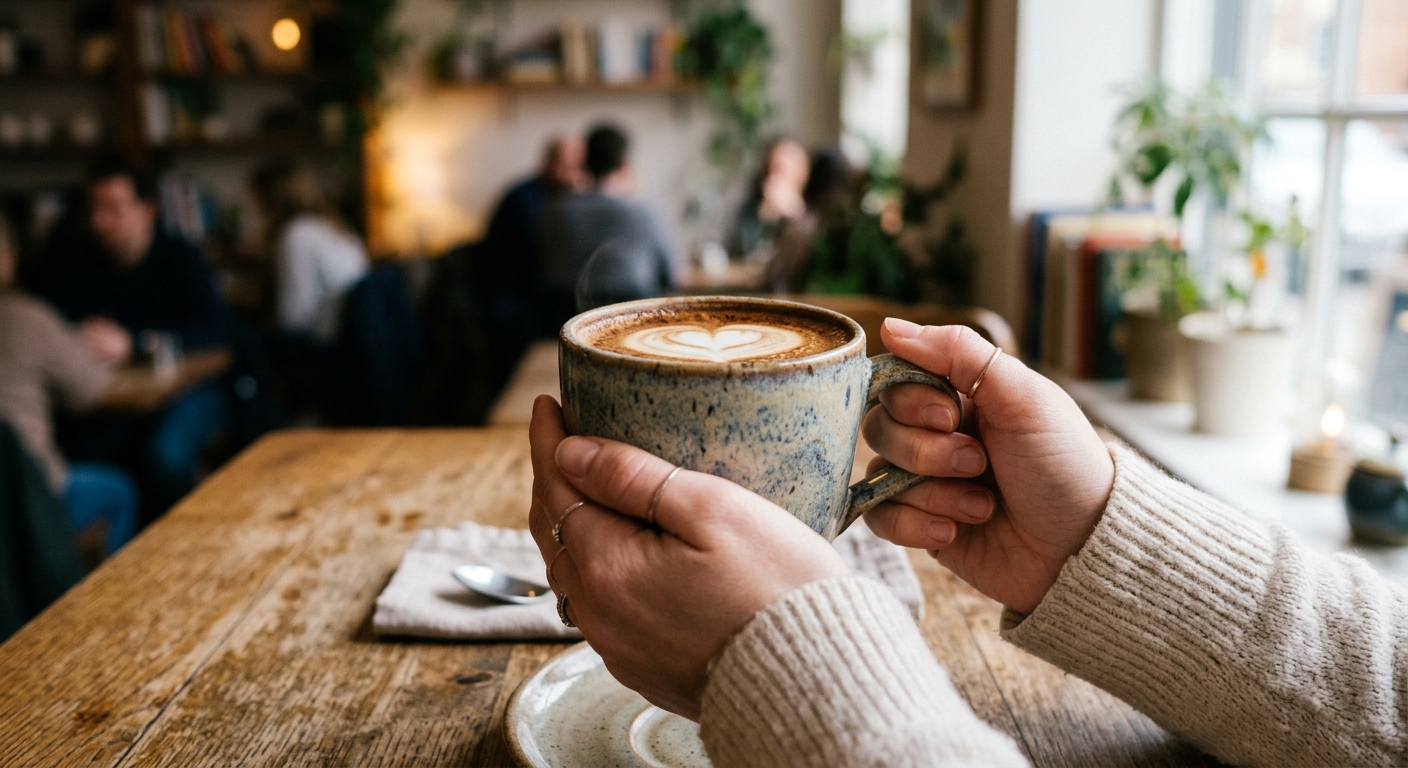 Hands holding a steaming mug of coffee with heart latte art on a wooden table