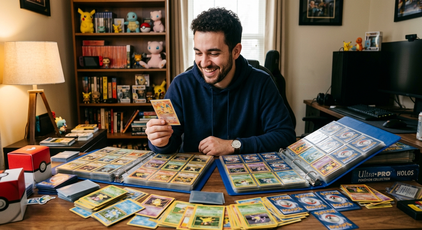 Smiling man holds a Pokémon card, surrounded by binders and stacks of cards on
