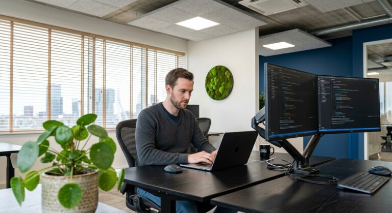 A developer working on code at a desk in a modern office with dual monitors and a city view
