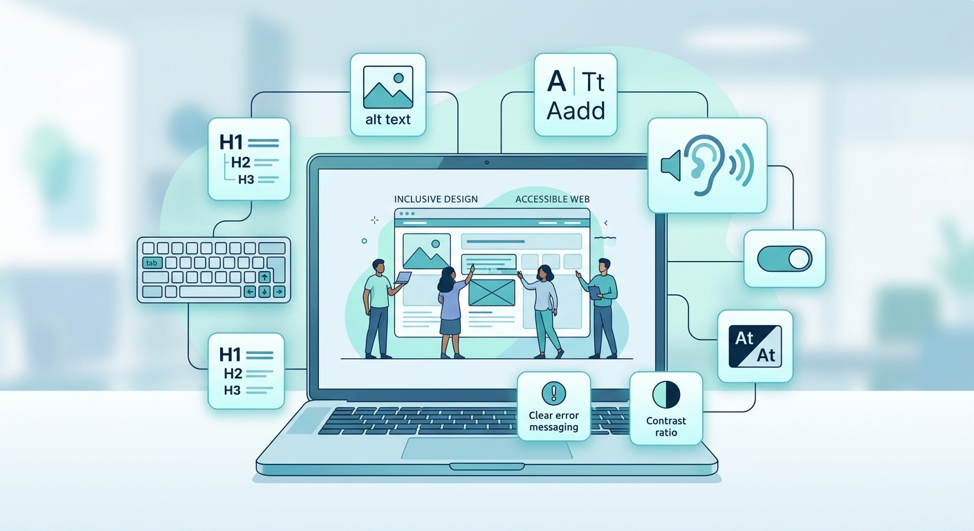 Moderne illustratie van een laptop met iconen voor webtoegankelijkheid, schermlezers en inclusief design.