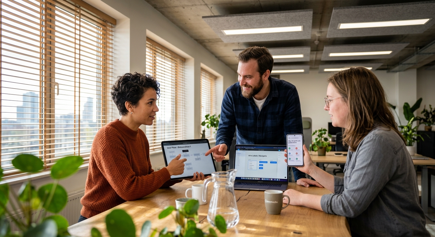 A diverse group of people using various digital devices like tablets, laptops, and smartphones with accessible interface