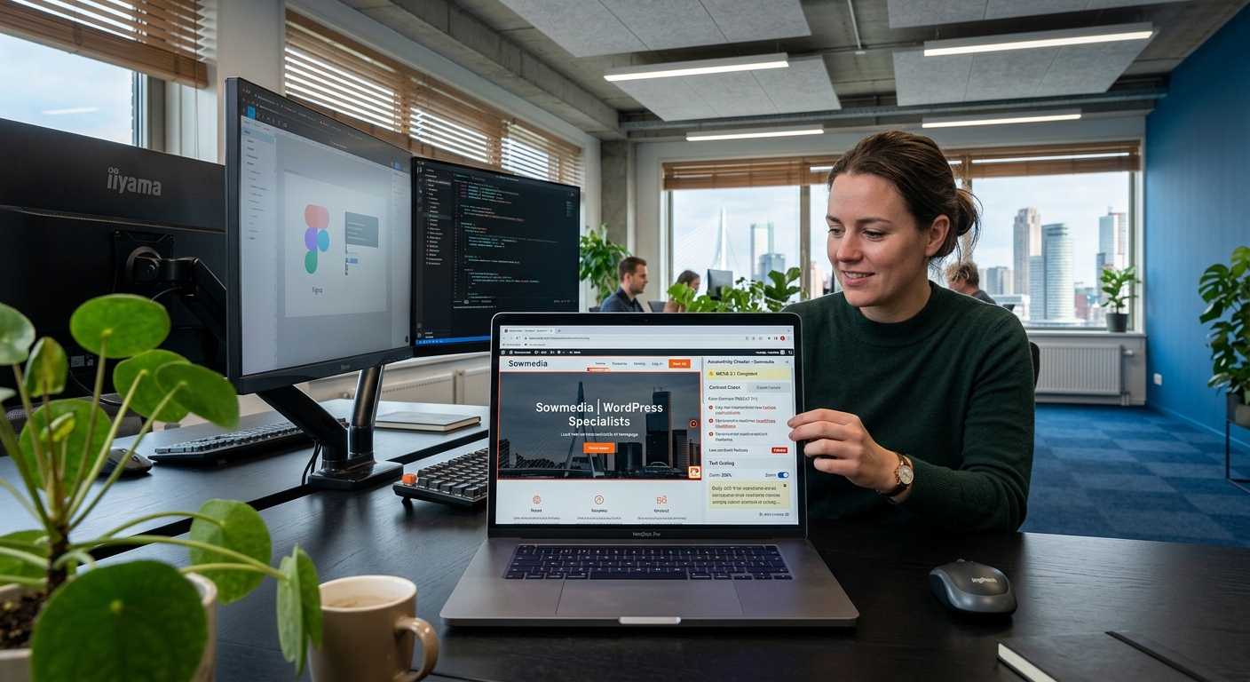 Laptop op een modern bureau toont een toegankelijkheidstest met contrast- en tekstgrootte-opties.