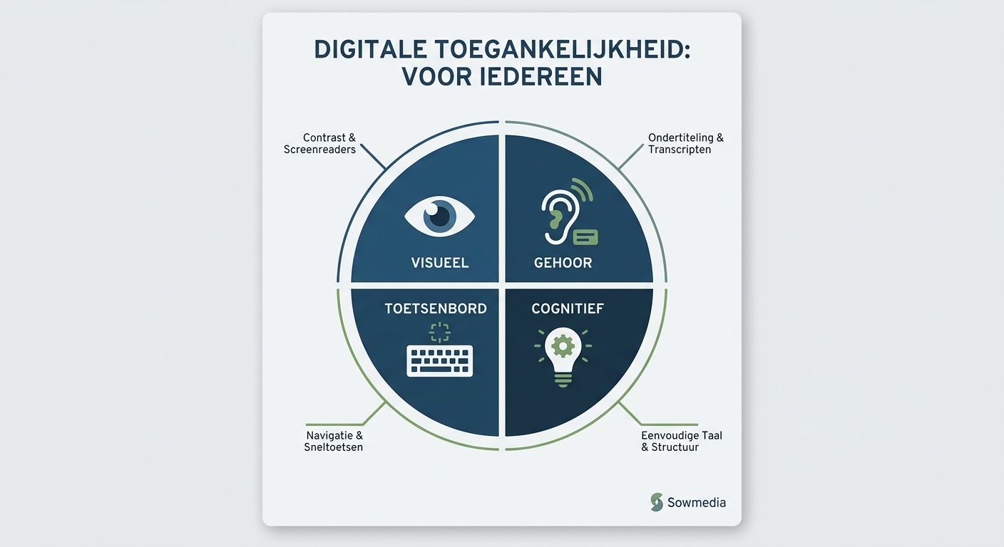 Minimalistisch icoon voor digitale toegankelijkheid met symbolen voor zicht, gehoor, toetsenbord en cognitie.