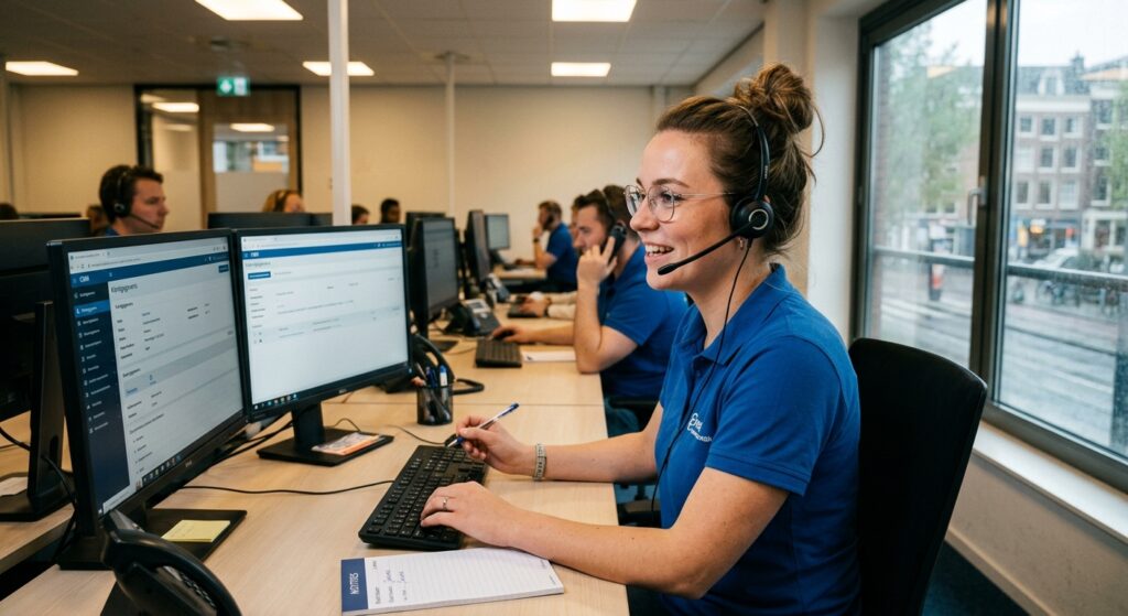 A woman wearing a headset smiles while working at a computer in a professional call center environment