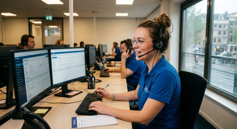 A woman wearing a headset smiles while working at a computer in a professional call center environment