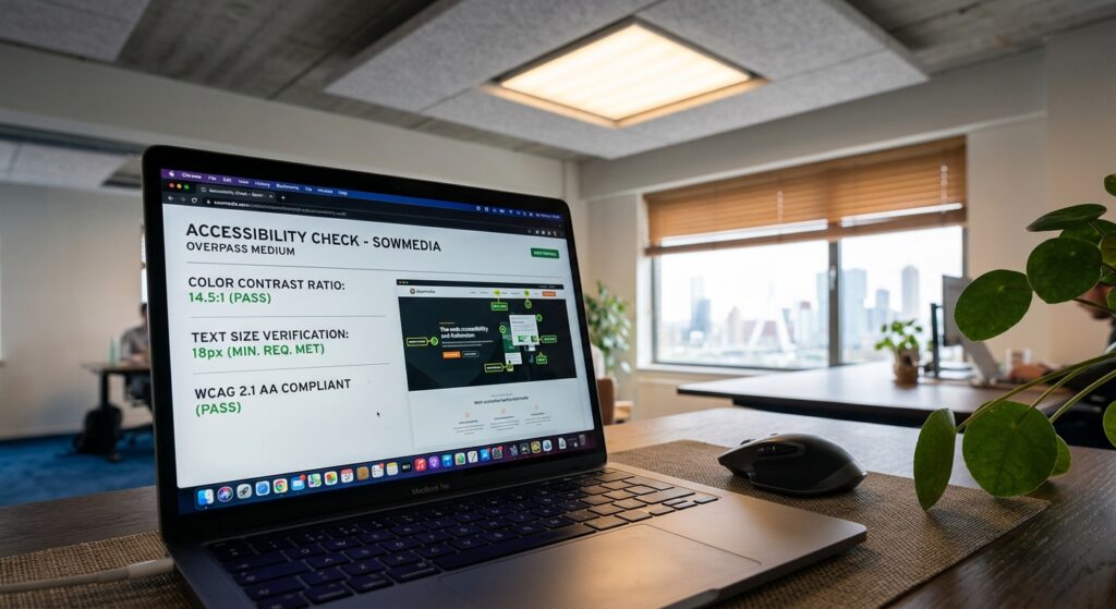 Een moderne laptop op een zwart bureau toont een toegankelijkheidsscan van een website met contrastindicatoren.